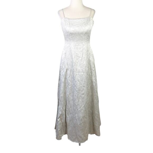 Vintage 80s Dave & Johnny Silver Floral Brocade Jacquard Midi Party Prom Dress - Picture 1 of 8